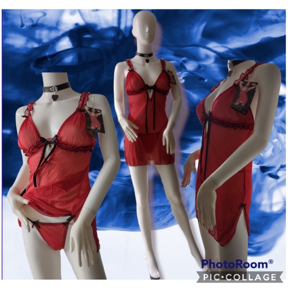 MEDIUM red ruffle babydoll & thong - Picture 3 of 13
